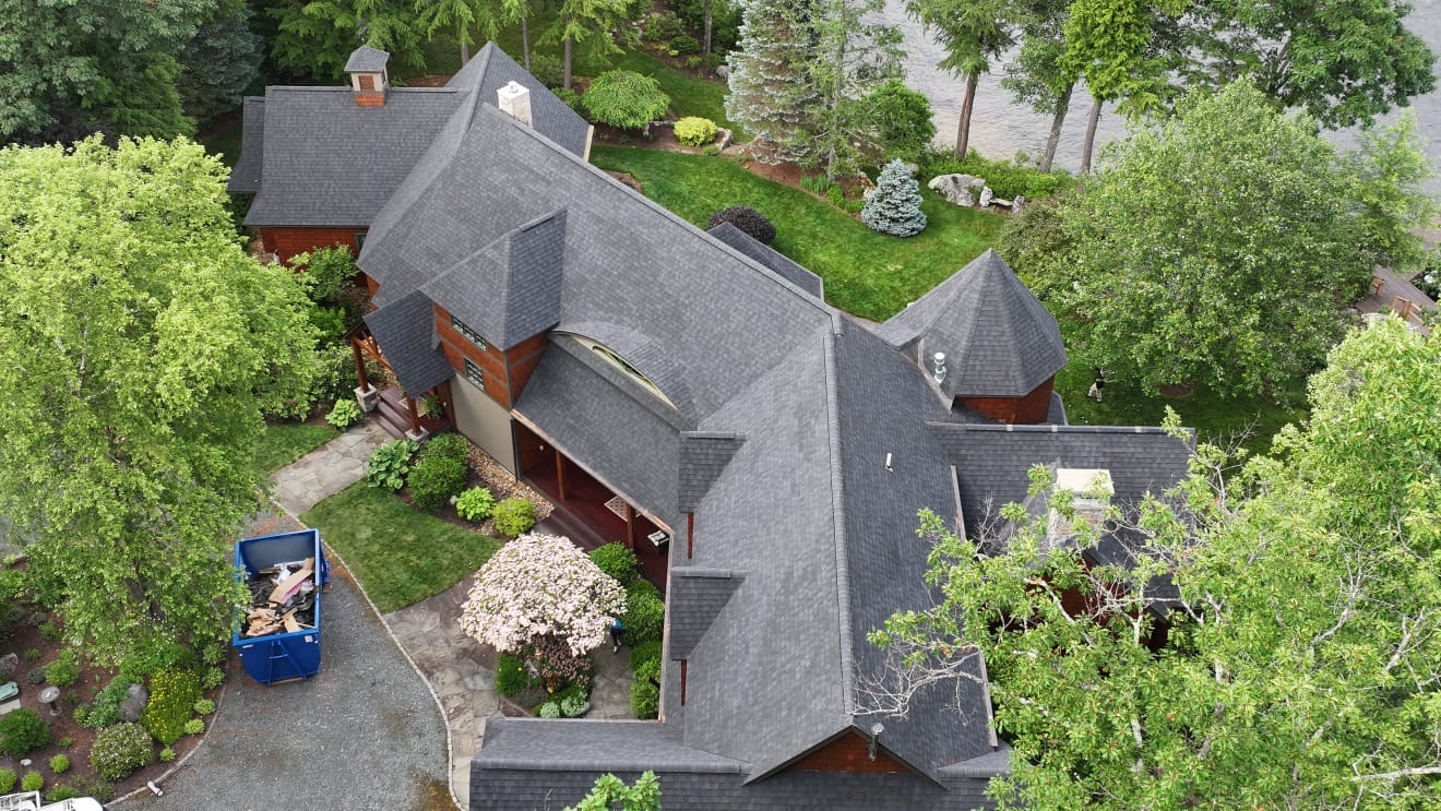 Large complex roof replacement aerial view
